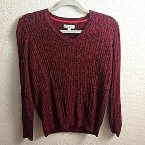 Kim Rogers Women's Small Red/Black Cable Knit V-neck sweater